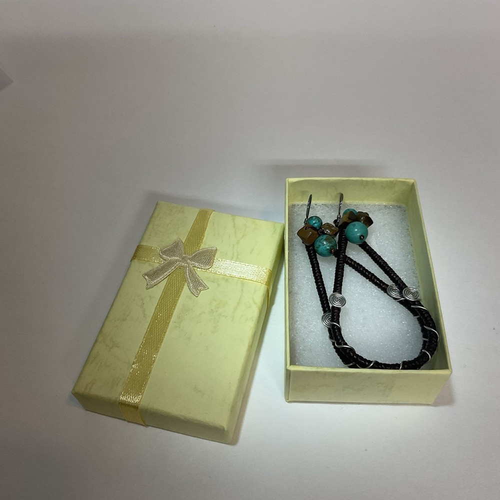 Handmade Boho‎ Turquoise Tiger's Eye Beaded Hoop Earrings Loops Shape Silver